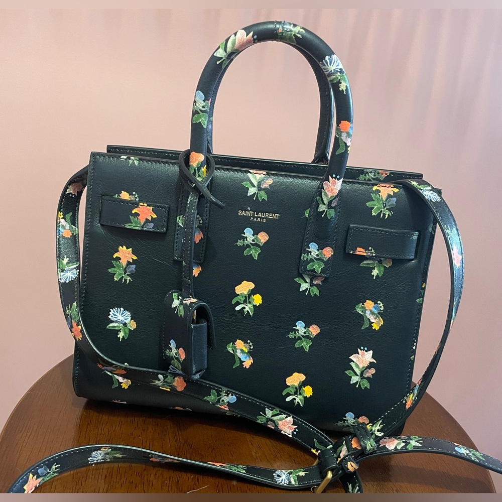 Yves Saint Laurent Black Leather Prairie Flower Nano Sac de Jour Bag